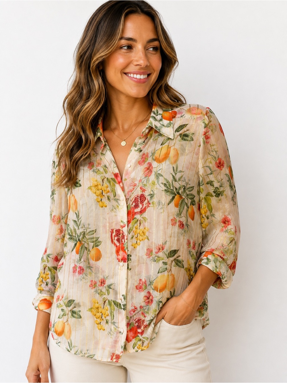 Rococo Sand Cream Floral Button-Down Shirt with Peach & Green Accents